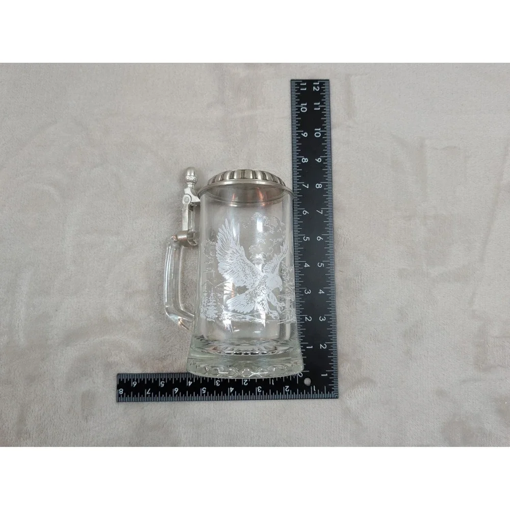 Vintage Etched Glass Beer‎ Stein with Metal Lid Eagle Wildlife Mountain Design